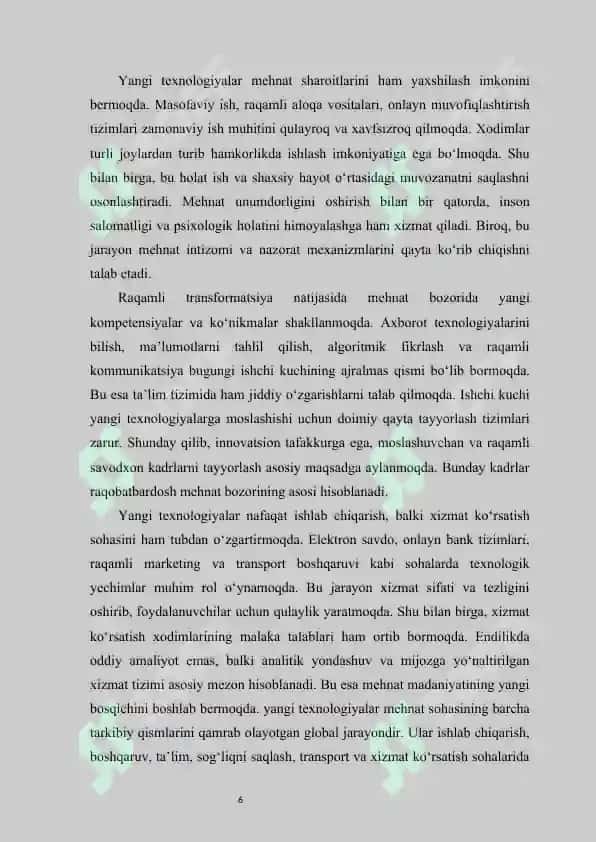 Yangi texnologiyalarga o‘tish davrida mehnat va mehnat munosabatlarini o‘zgarishi 6