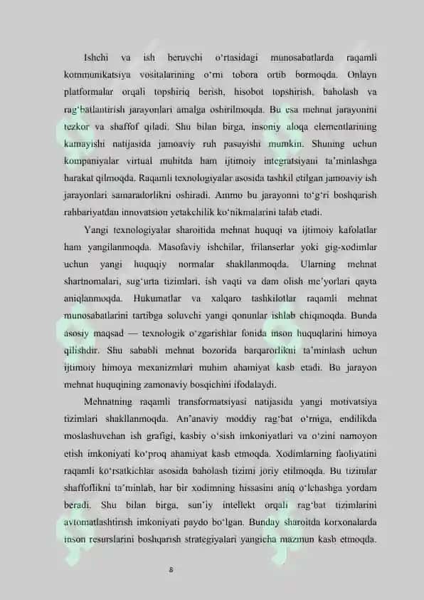 Yangi texnologiyalarga o‘tish davrida mehnat va mehnat munosabatlarini o‘zgarishi 8