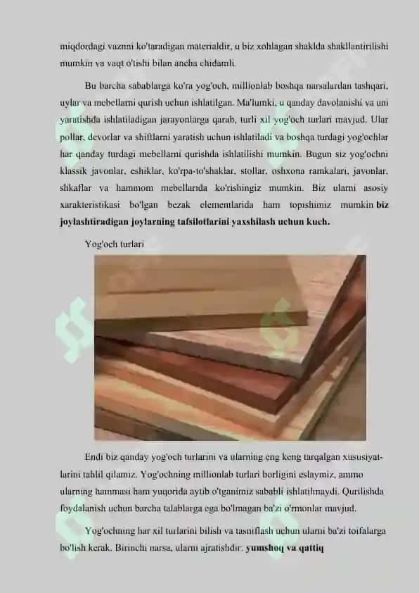 Yog‘och xomashyoning mustahkamligi, qattiqligi, qayishqoqligi, plastikligi, mo‘rtligi va sifatiga qo‘yiladigan talablarni o‘rganish. 6