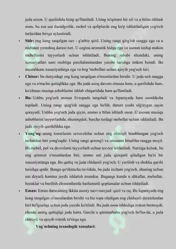 Yog‘och xomashyoning mustahkamligi, qattiqligi, qayishqoqligi, plastikligi, mo‘rtligi va sifatiga qo‘yiladigan talablarni o‘rganish. 8
