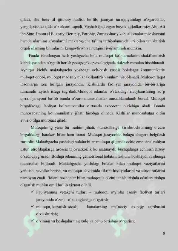 MAKTABGACHA YOSHDAGI BOLALAR MULOQOTINI SHAKLLANTIRISHDA SHARQ ALLOMALARINING G’OYALARIDAN FOYDALANISH 8
