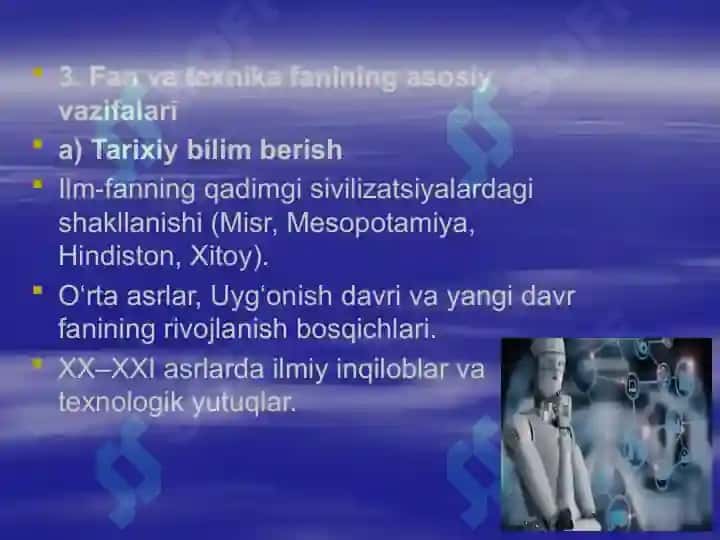 Fan va texnika fanining maqsad va vazifalari. Fanning ijtimoiy roli va uning rivojlanish istiqbollari. Insonlarning ilk jamiyatlari va ilmlarning manbasi. 6