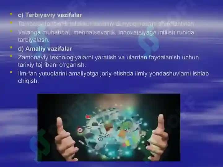 Fan va texnika fanining maqsad va vazifalari. Fanning ijtimoiy roli va uning rivojlanish istiqbollari. Insonlarning ilk jamiyatlari va ilmlarning manbasi. 7