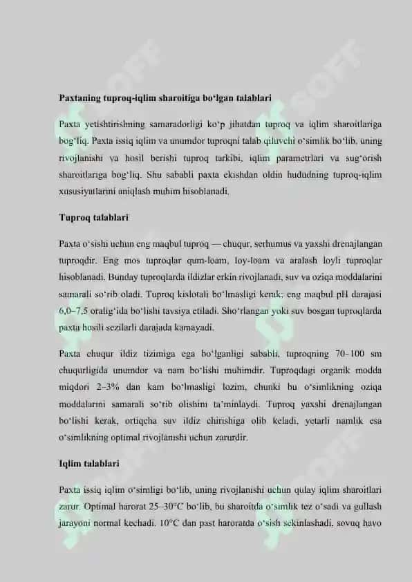 Paxtaning Tuproq-iqlim Sharoitiga Bog'lan Talablari 2