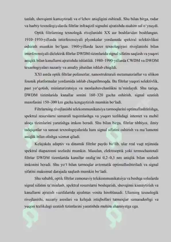 Optik filtr va ularning tarmoqlardagi roli 3