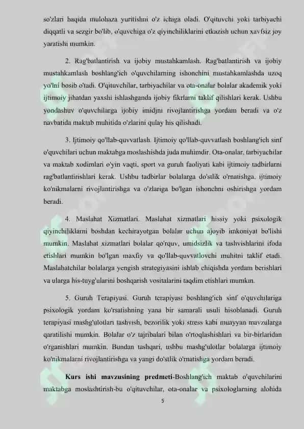 Maktab psixologining boshlang’ich sinf o’quvchilari bilan ishlash 5