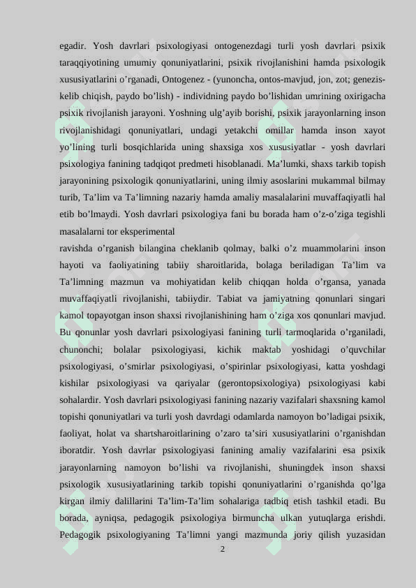 YOSH VA PEDAGOGIK PSIXOLOGIYA FANINING TADQIQOT SOHASI VA MUAMMOLARI. PSIXIK RIVOJLANISH VA UNI DAVRLASHTIRISH MUAMMOSI. 2