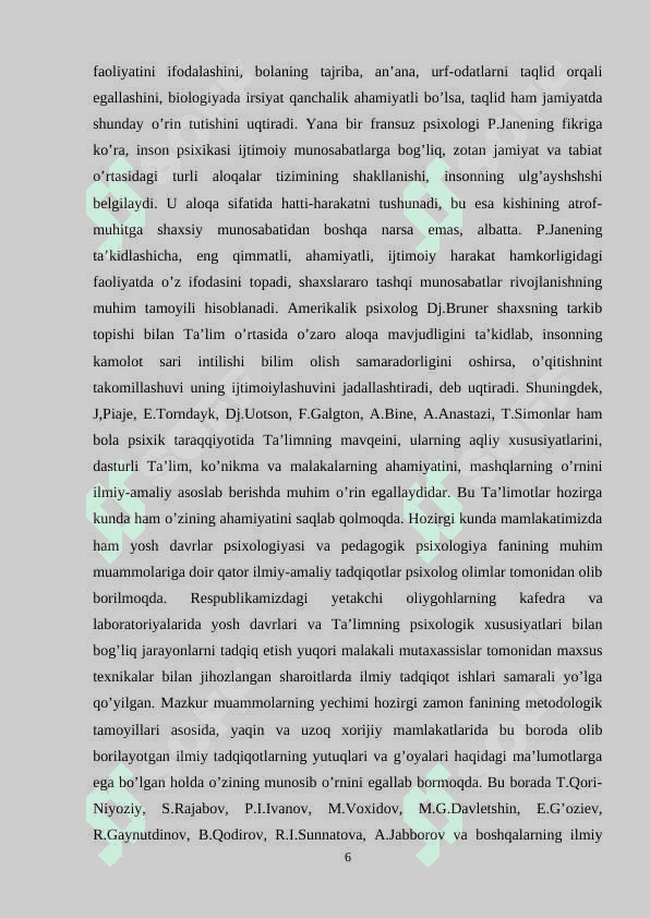 YOSH VA PEDAGOGIK PSIXOLOGIYA FANINING TADQIQOT SOHASI VA MUAMMOLARI. PSIXIK RIVOJLANISH VA UNI DAVRLASHTIRISH MUAMMOSI. 6