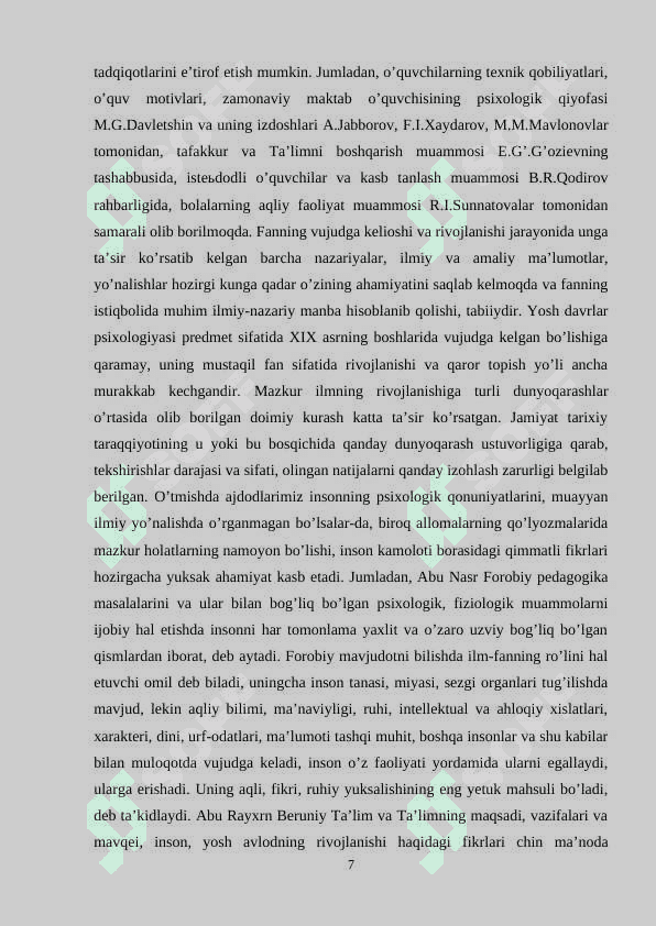 YOSH VA PEDAGOGIK PSIXOLOGIYA FANINING TADQIQOT SOHASI VA MUAMMOLARI. PSIXIK RIVOJLANISH VA UNI DAVRLASHTIRISH MUAMMOSI. 7