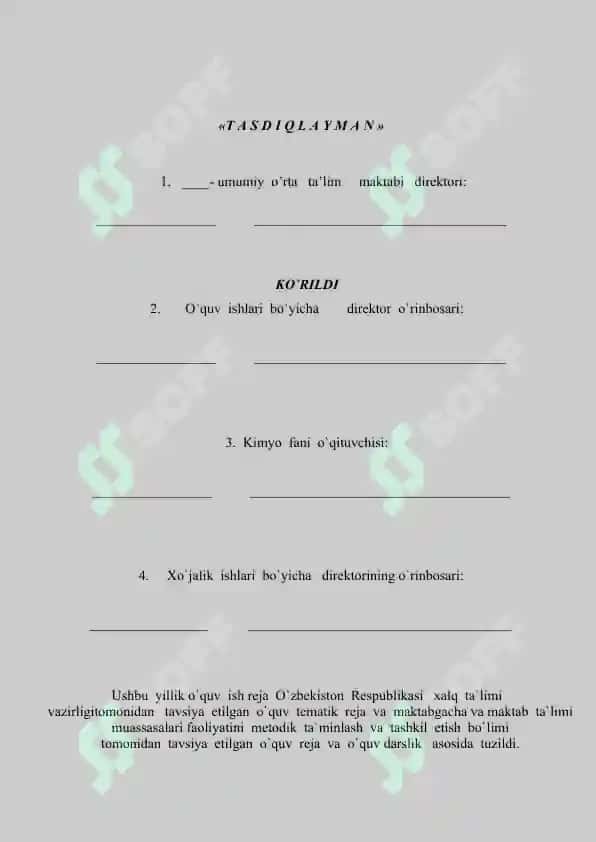 Kimyo Kabineti Mudirining Oylik Ish Rejasi 2