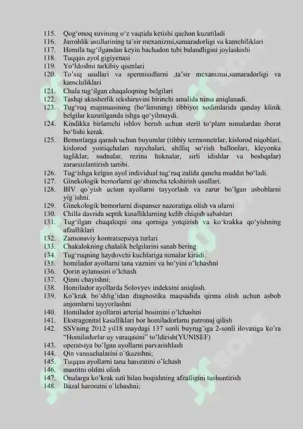 Akusherlik ishi mutaxassisligi bo’yicha shakllantirilgan og’zaki savollar ro’yxati 4