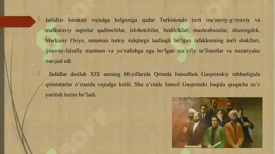 JADID MA'RIFATPARVARLARINING O'LKA IJTIMOIY-MA'NAVIY hayotida tutgan orni haqidagi taqdimot 5