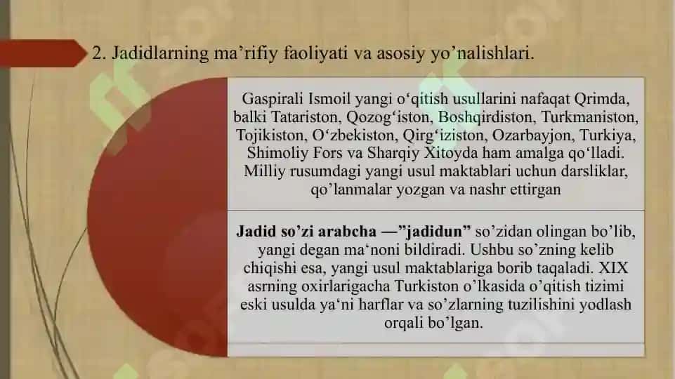 JADID MA'RIFATPARVARLARINING O'LKA IJTIMOIY-MA'NAVIY hayotida tutgan orni haqidagi taqdimot 7