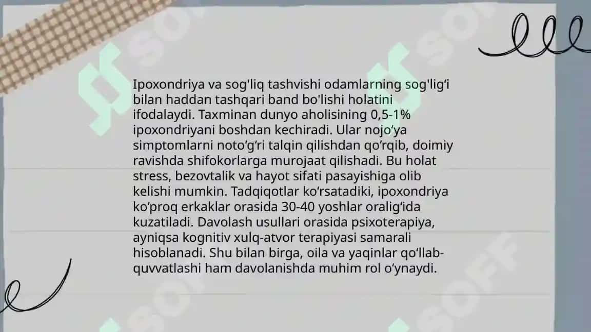 Bemorlarning ruhiy xolati, depresiya, o`zini aybdor xis qilish, ipoxondriya, suyitsidal fikrlash 7