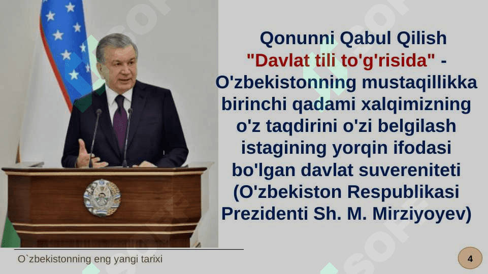 MUSTAQIL O'ZBEKISTON RESPUBLIKASINING TASHKIL TOPISHI VA UNING TARIXIY AHAMIYATI. O'ZBEKISTONNING O'ZIGA XOS ISTIQLOL VA TARAQQIYOT YO'LI. 4