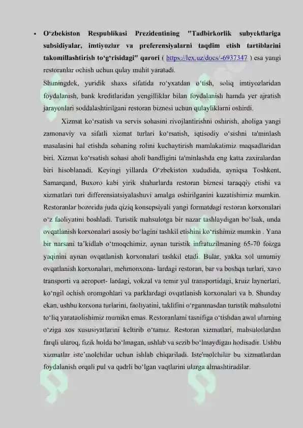 Restoran biznesining rivojlantirish imkoniyatlari 6