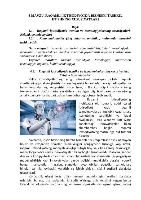 . RAQAMLI IQTISODIYOTDA BIZNESNI TASHKIL ETISHNING XUSUSIYATLARI