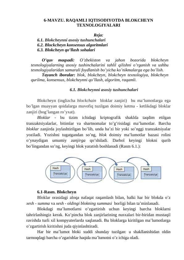 RAQAMLI IQTISODIYOTDA BLOKCHEYN TEXNOLOGIYALARI