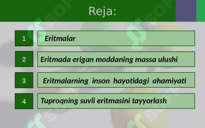 Eritmalar. eritmada erigan moddaning massa ulushi, foiz, molar konsentratsiyasi 2