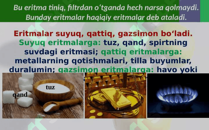 Eritmalar. eritmada erigan moddaning massa ulushi, foiz, molar konsentratsiyasi 4