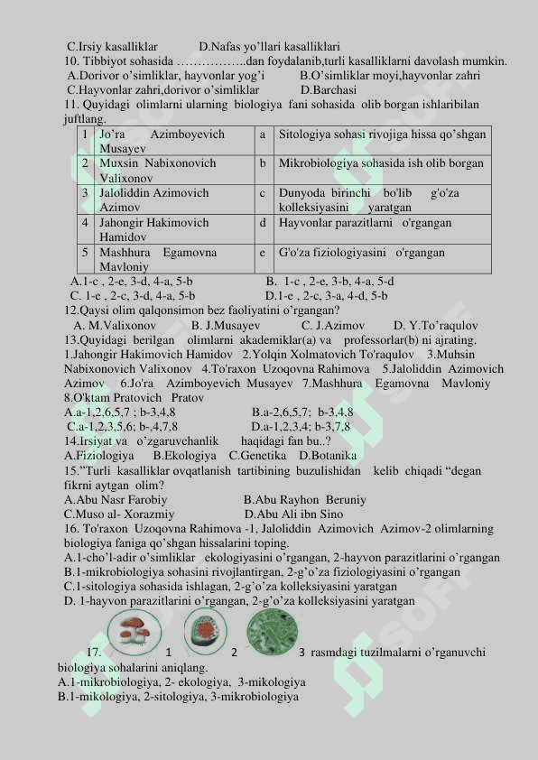Biologiya fanidan mazulashtirilgan testlar 5-sinf 5