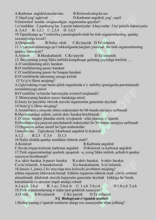 Biologiya fanidan mazulashtirilgan testlar 5-sinf 8