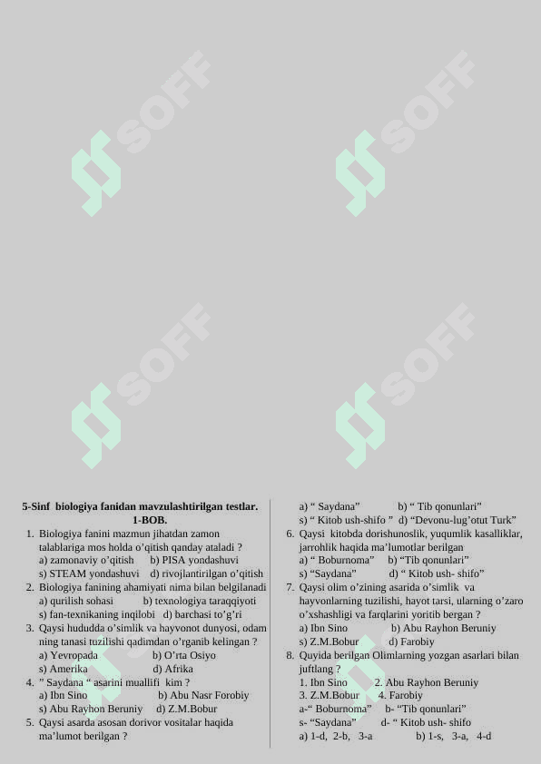 Biologiya fanidan mazulashtirilgan ttestlar 5 sinf 2