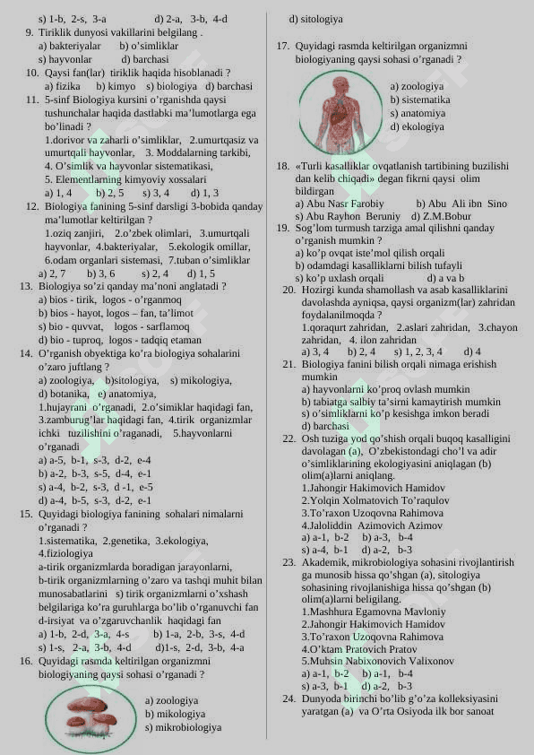 Biologiya fanidan mazulashtirilgan ttestlar 5 sinf 3