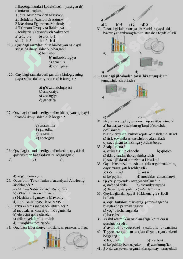 Biologiya fanidan mazulashtirilgan ttestlar 5 sinf 4