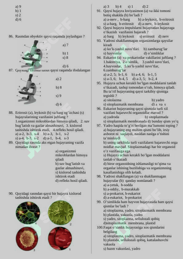 Biologiya fanidan mazulashtirilgan ttestlar 5 sinf 7