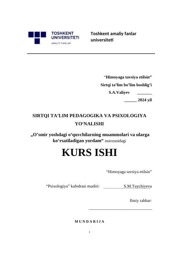 O’smir yoshdagi o‘quvchilarning muammolari va ularga ko‘rsatiladigan yordam