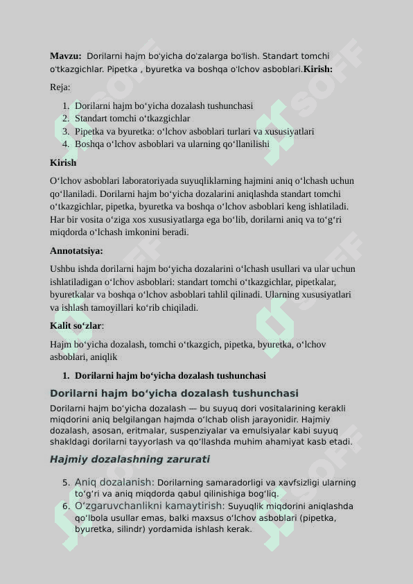 Dorilarni hajm boʻyicha doʻzalarga boʻlish. Standart tomchi oʻtkazgichlar. Pipetka , byuretka va boshqa oʻlchov asboblari. 2