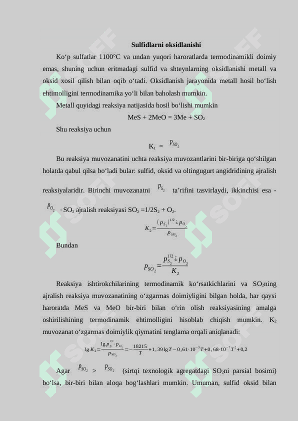 Sulfidlarni oksidlanishi, sulfid va oksidlarni ozaro tasiri termodinamikasi. 4