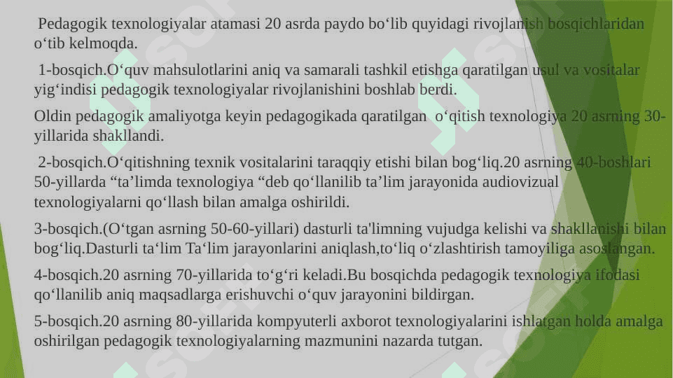 Pedagogik texnologiyalarning rivojlanish bosqichlari va o‘ziga xos xususiyatlari 3