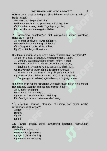 Adabiyot 7-sinf mavzulashtirilgan test savollari 7