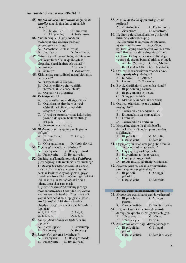 Tarix mavzulashtirilgan test savollari 6-sinf 4