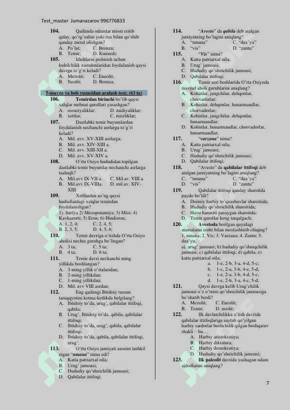 Tarix mavzulashtirilgan test savollari 6-sinf 7