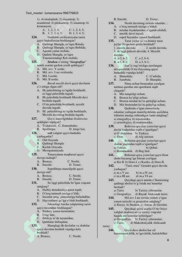 Tarix mavzulashtirilgan test savollari 6-sinf 8