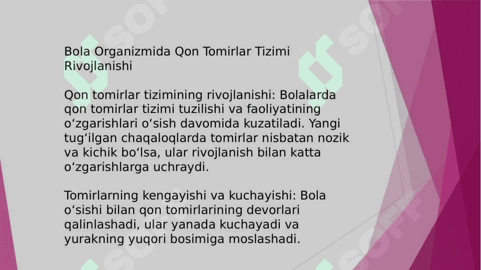 Bola rivojlanishiga yurak xajmini o`zgarishi, yurak bo`shligi kengligi bilan qon tomirlari nisbatan, ularning gemodinamik ko`rsatkichlari. 7
