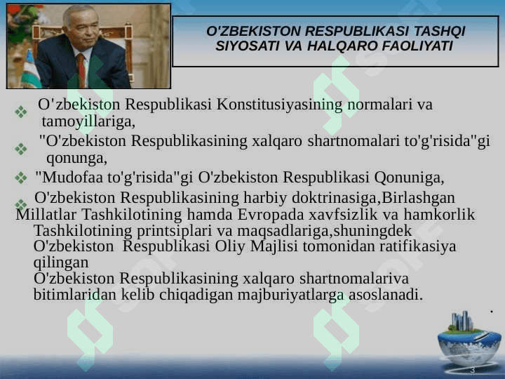 O‘zbekistonning tinchliksevar tashqi siyosati va uning jahon hamjamiyati tomonidan tan olinishi. 2