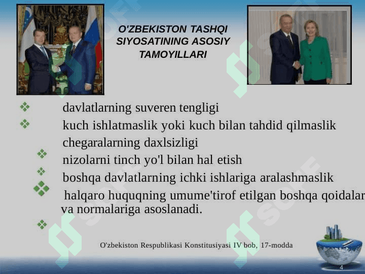 O‘zbekistonning tinchliksevar tashqi siyosati va uning jahon hamjamiyati tomonidan tan olinishi. 3