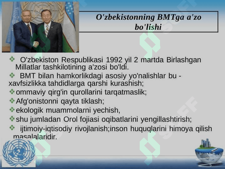 O‘zbekistonning tinchliksevar tashqi siyosati va uning jahon hamjamiyati tomonidan tan olinishi. 4