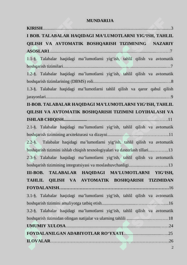 . TALABALAR HAQIDAGI MA’LUMOTLARNI YIG‘ISH, TAHLIL QILISH VA AVTOMATIK BOSHQARISH TIZIMINING  NAZARIY 2