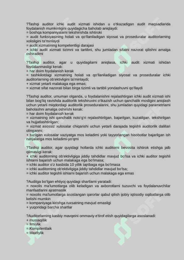 Xalqaro standartlar AUDIT test savollari va javoblari bilan 2
