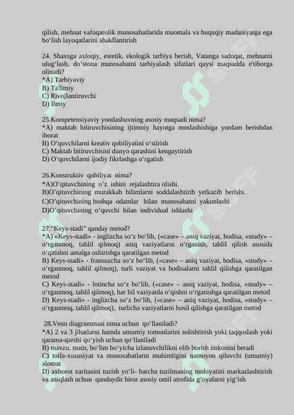 Tarbiya test savollari va javoblari bilan 200 talik 5