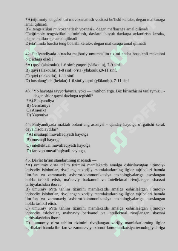 Tarbiya test savollari va javoblari bilan 200 talik 8