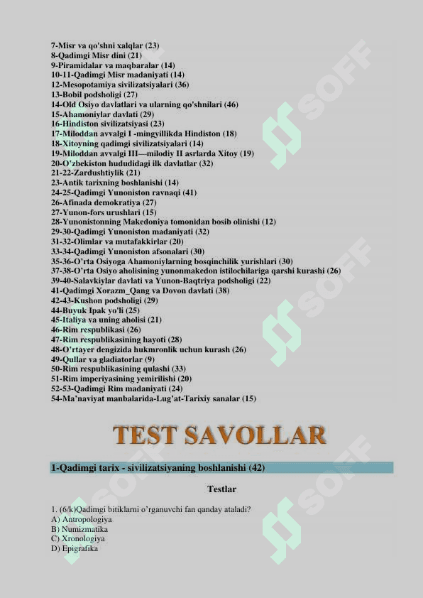 Tarix 6-sinf mavzulashtirilgan test savollari 3