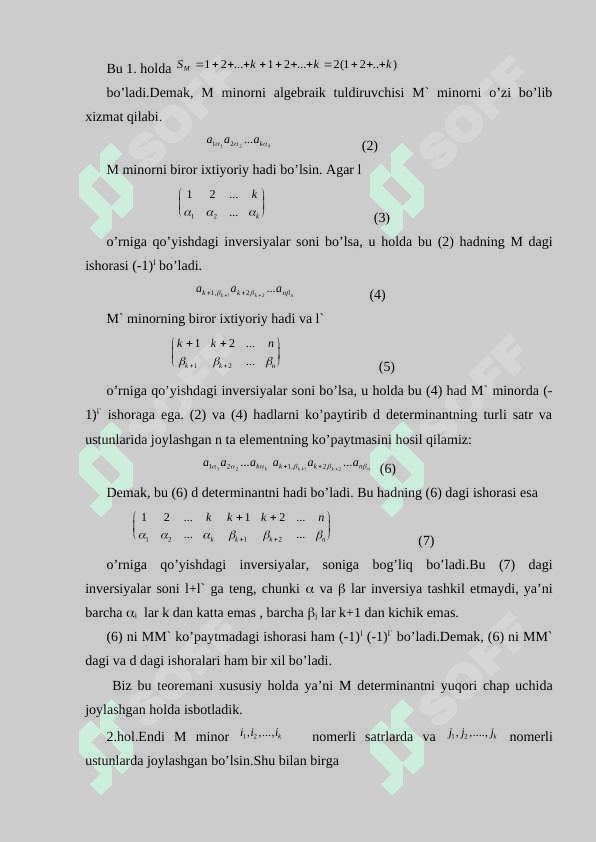 Algebraik to'ldiruvchi va minorlar. Laplas teoremasi. Determinant va matritsalarning qo'shimcha xossalari 3