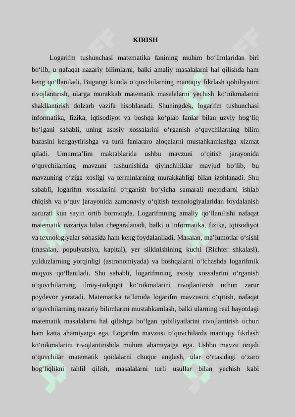 Umumta`lim maktablari matematika kursida logarifmning asosiy xossalari mavzusini o`qitish metodikasi. 2