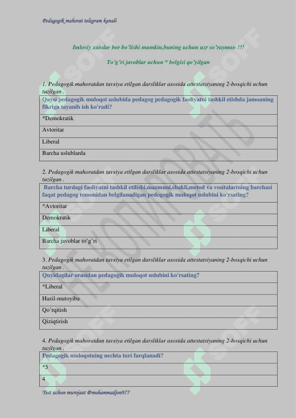 Pedagogik mahorat test savollari va javoblari 500 talik 2